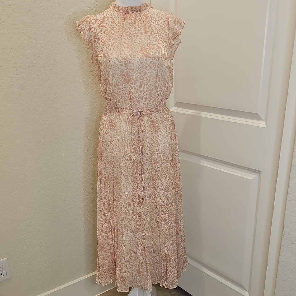 Oasis Peach Cream Patterned Flutter Sleeve Pleated Skirt Midi Spring Dress Sz 12 - Picture 1 of 9